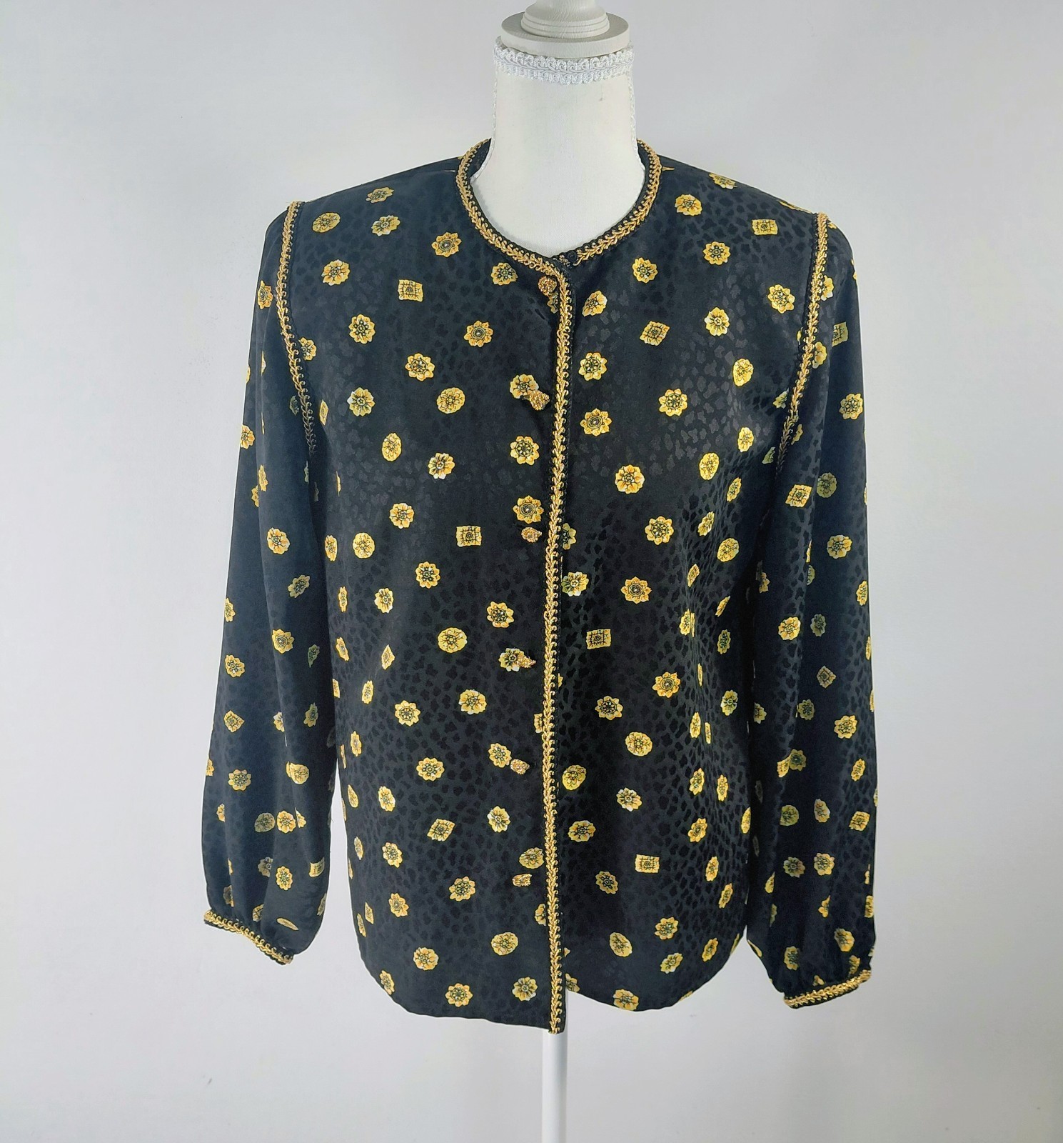 VTG Maggy London Brocade Blouse 4 Black Gold Jacquard Fleur-de-lis Coquette…