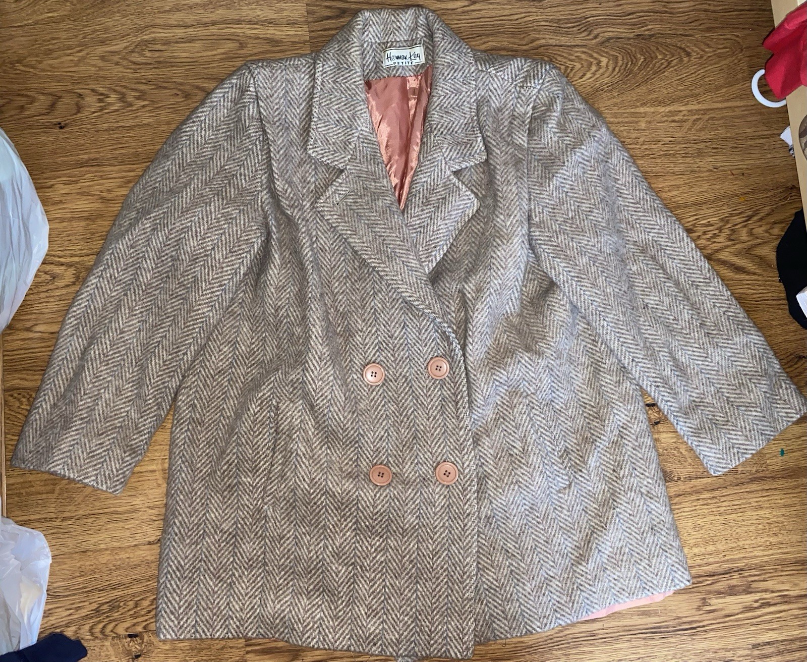 Vintage 80s Herman Kay Petite Womens Beige Wool Blazer Size Large