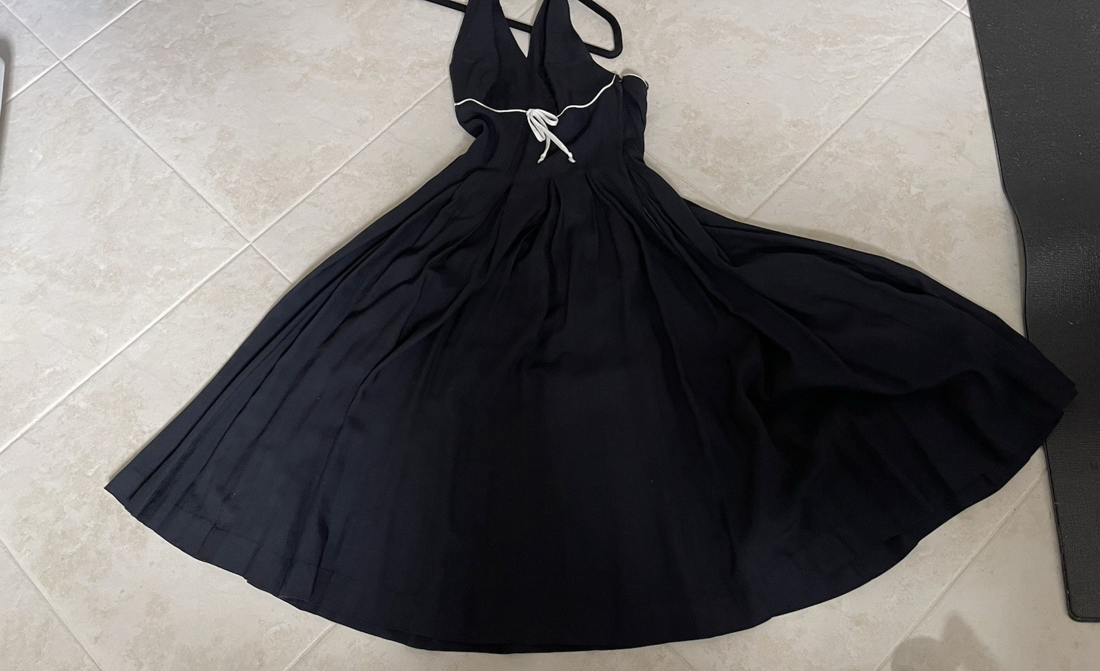 Vintage 1960s Black Evening Backless Halter Dress Full Pleated Skirt Size Small
