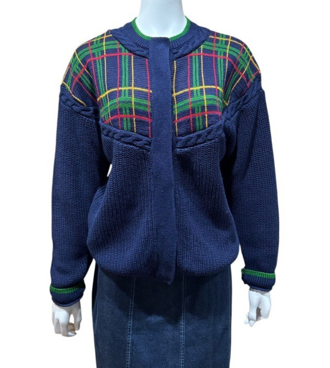 1980s CHAUS SPORT Blue Plaid Cardigan Sweater Size Medium