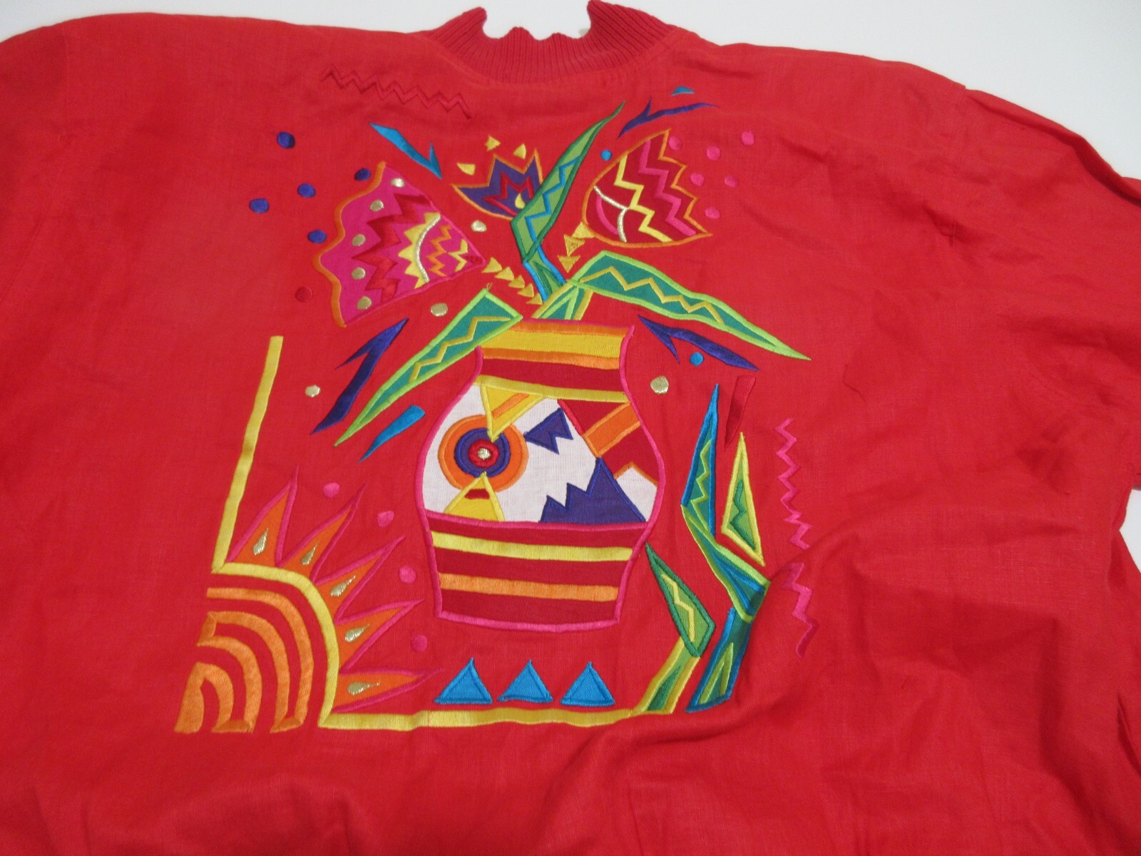 Sz 8 M VINTAGE 90s I B Diffusion Tribal Embroidered Red Linen Bomber Jacket Top