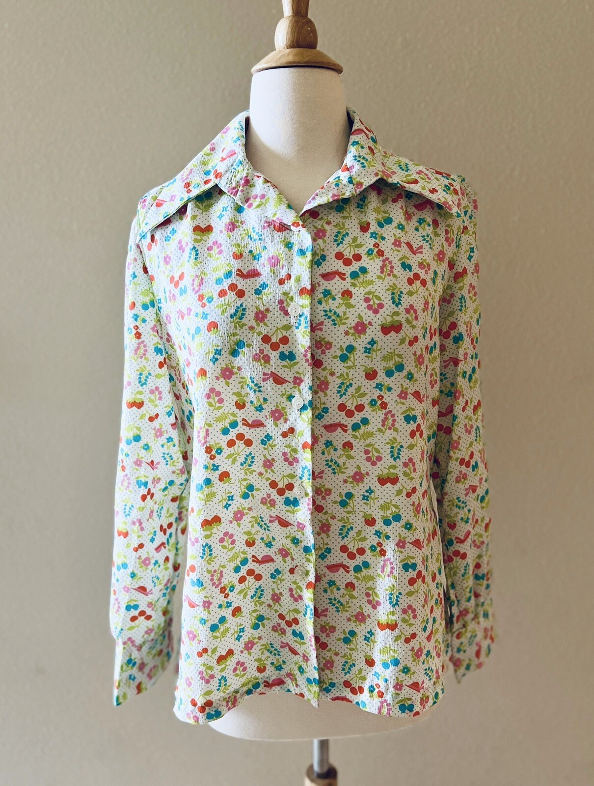 Vintage 70s Seersucker Berry Bonnet Print Long Sleeve Women’s Shirt M/L