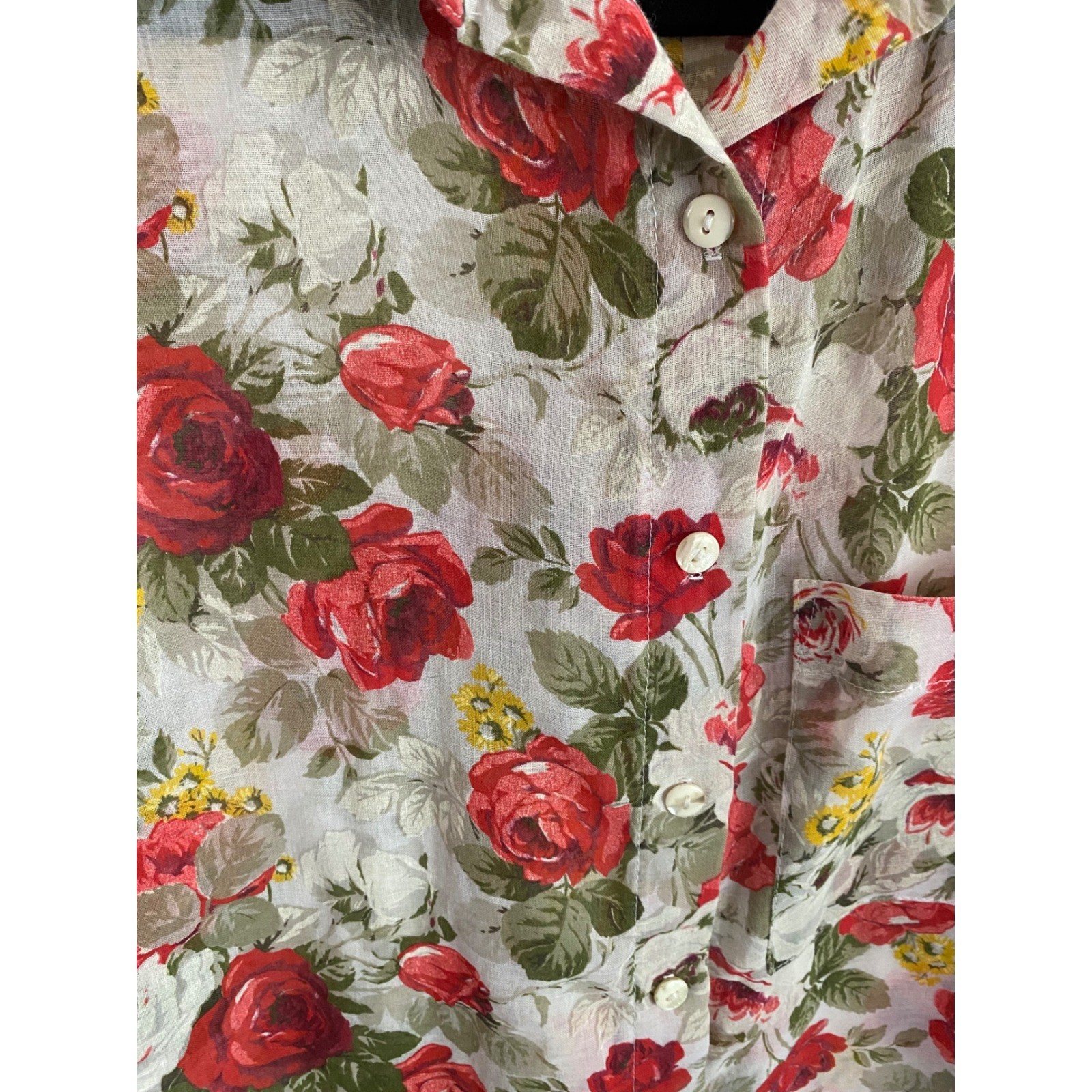 Vintage Deborah Barry Red Rose Floral Sheer Button Down Shirt Small USA