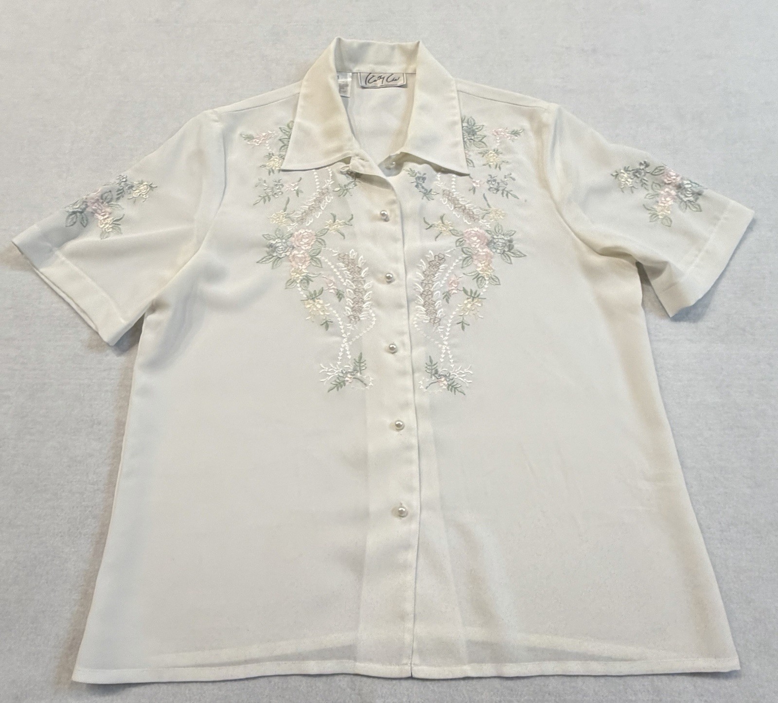 Vintage Embroidered Floral Button Front Blouse White Size 8 Cottagecore Romantic
