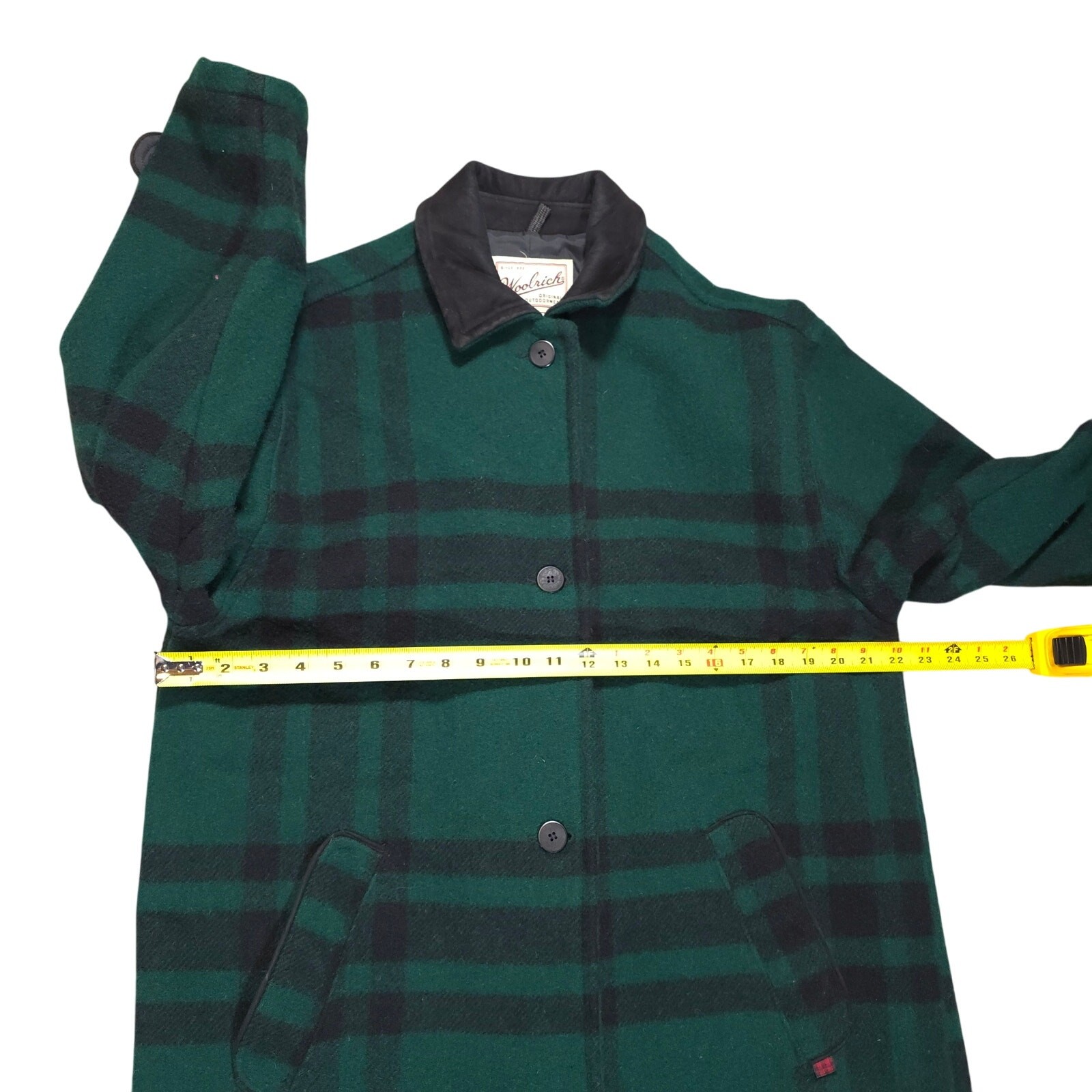 Vintage Woolrich Gree/Black Plaid Trench Coat Wool/Leather Women Size M USA