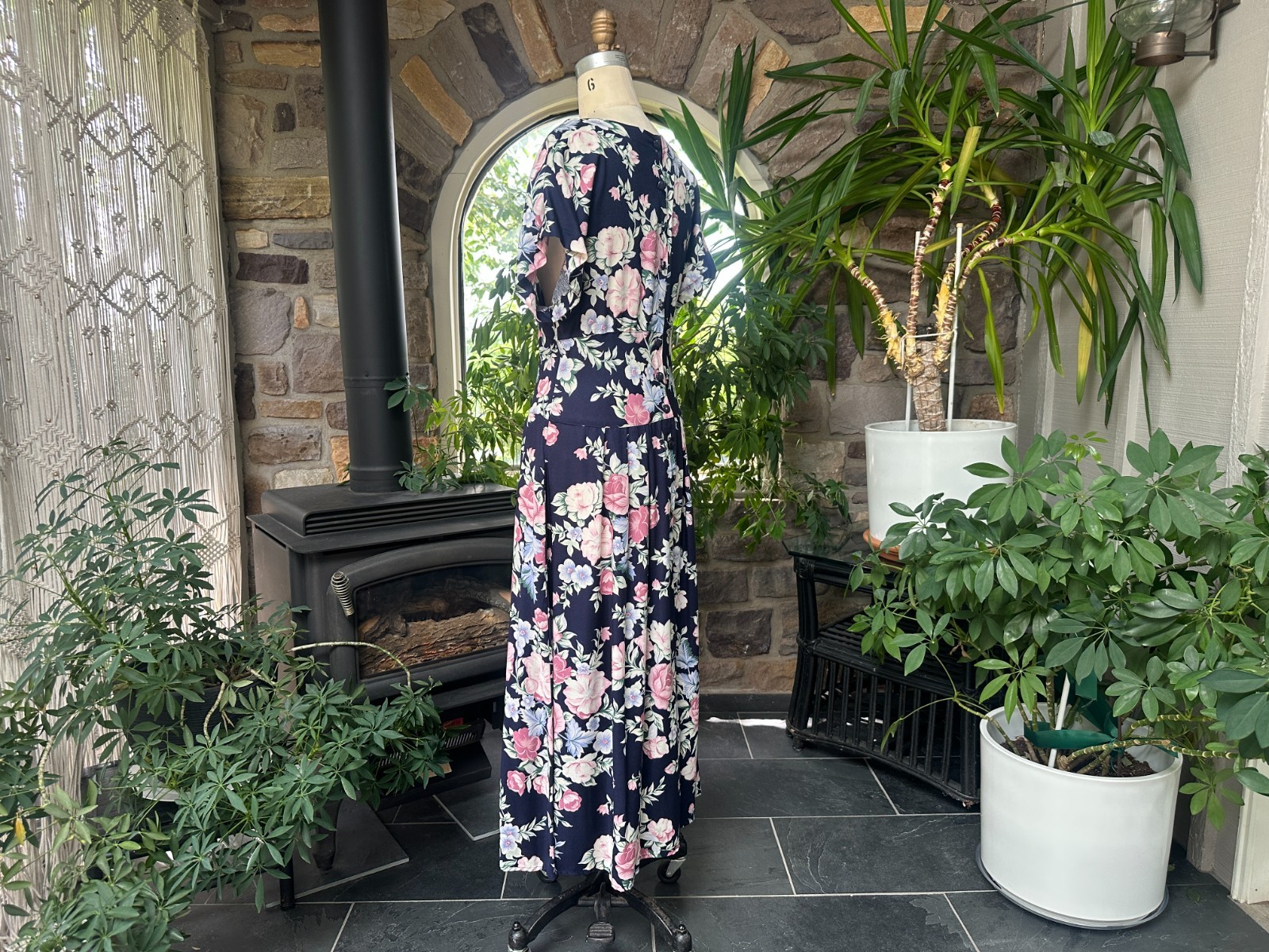 Vintage 1980s Does 1940s Navy Blue and Pink Floral Rayon Drop Waist Dress