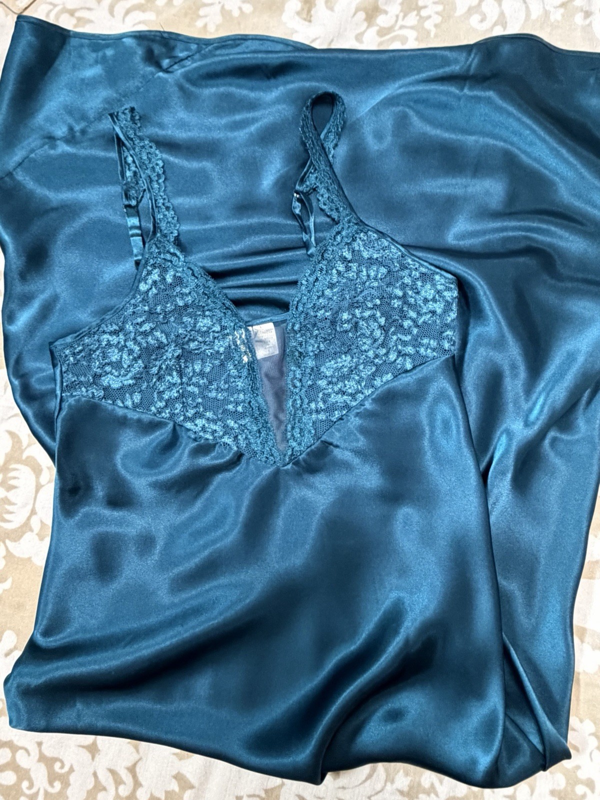 VTG 80s 90s Victorias Secret Gold Label Teal Satin Slip Dress Gown Sheer Lace S