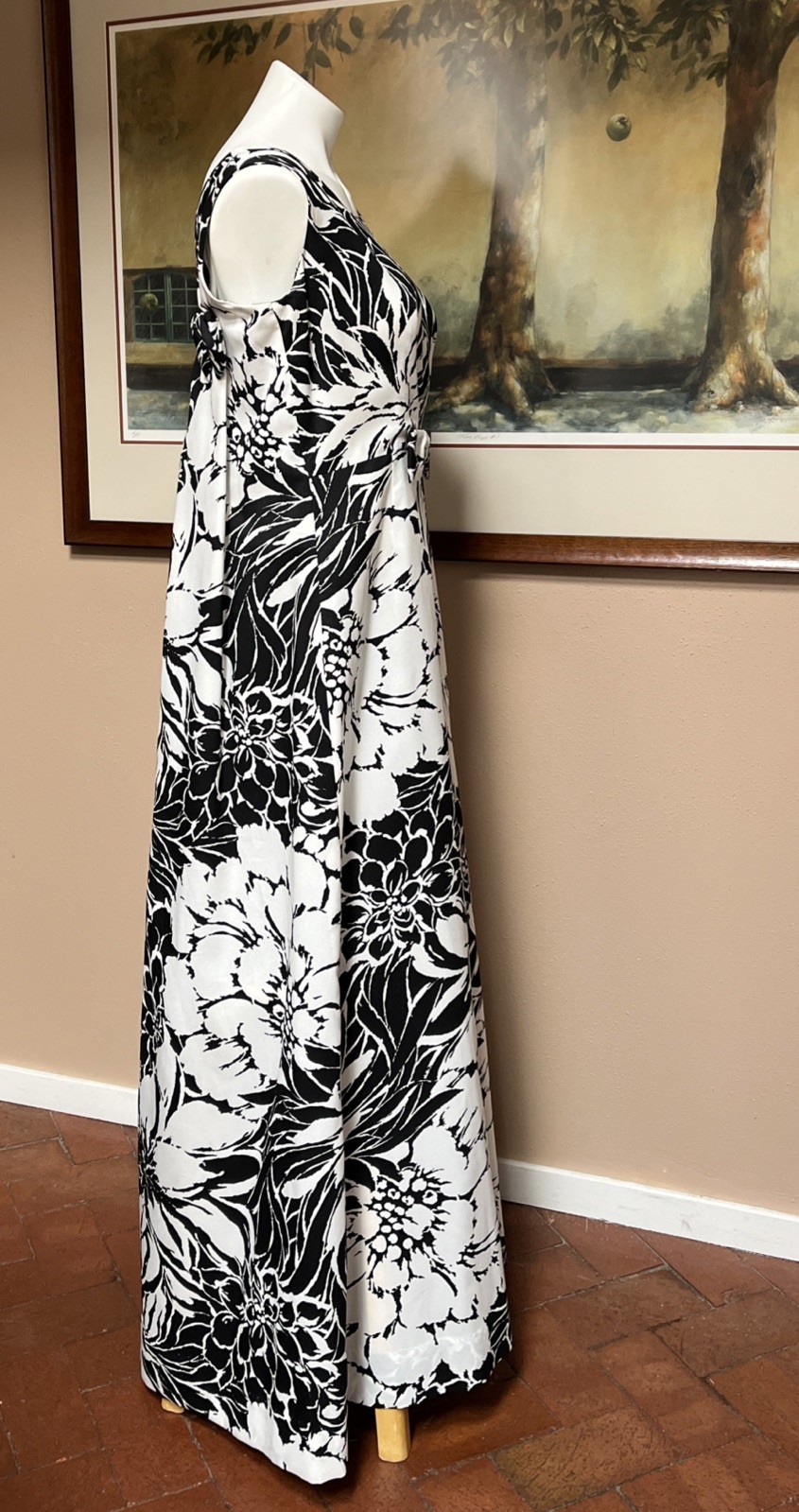 VTG 70s Ja Na of Hawaii Dress Maxi Sleeveless Bows Zip Floral Black White Sz M