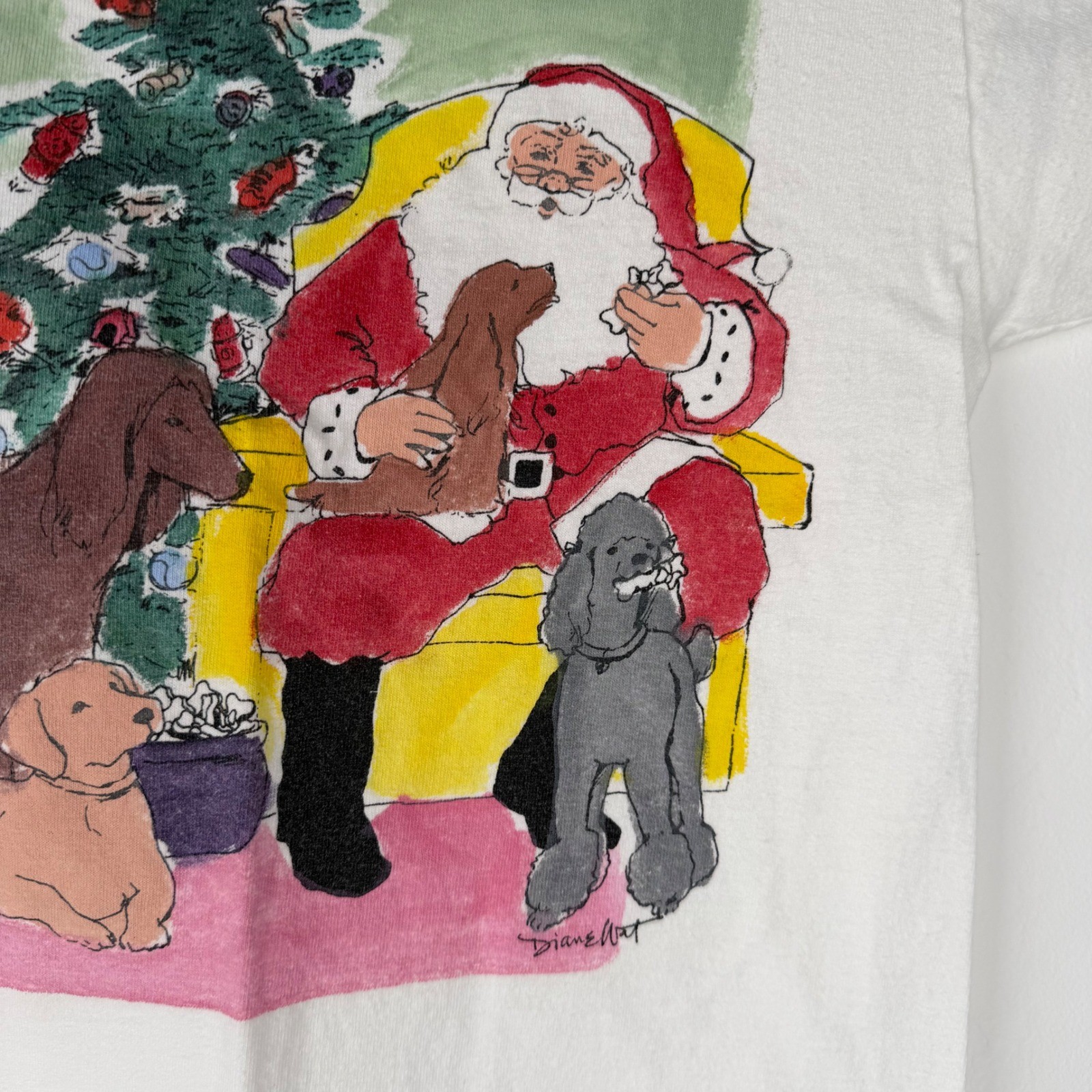 Vintage Diane Wat Hand Painted Christmas Dogs Santa T-Shirt White One Size