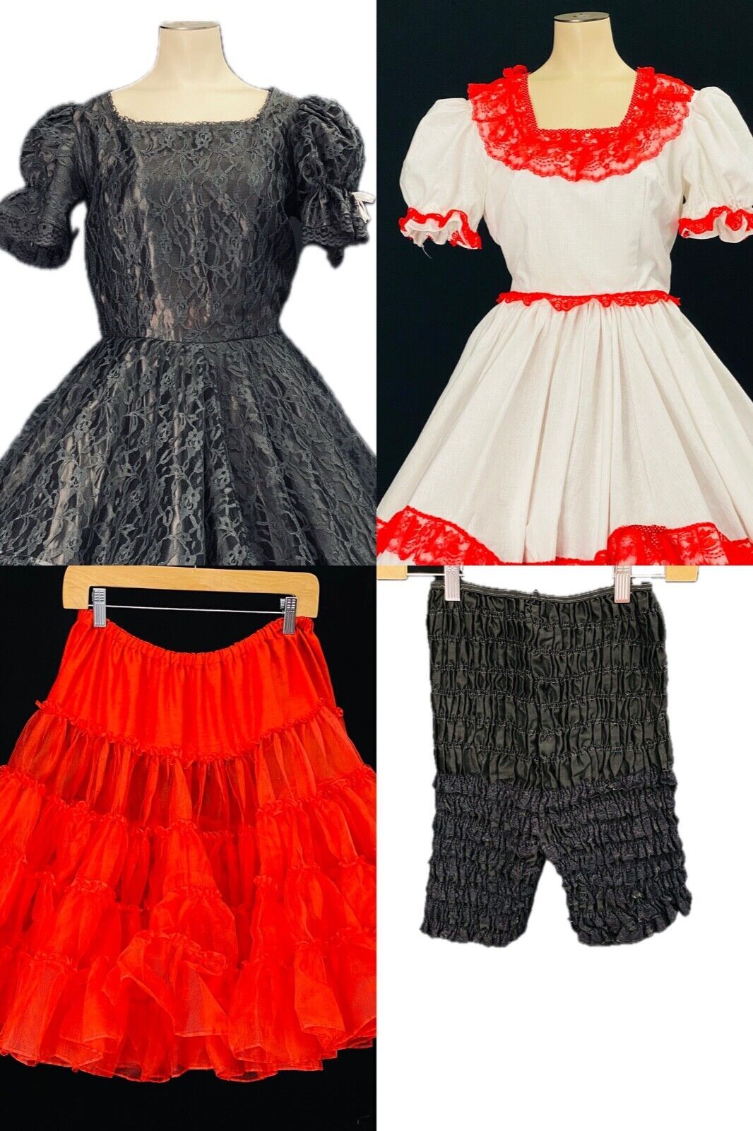 Vintage fit & flare dress lot, red black lace white square dance, pettipants M