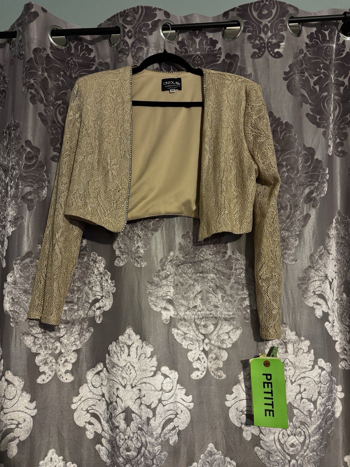 Vintage ONYX Nite Metallic Gold Cropped Shrug / Bolero Jacket size 10P
