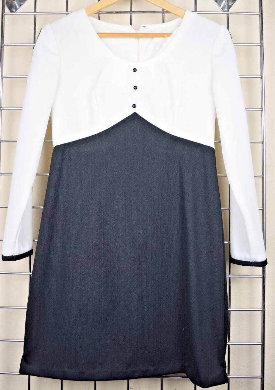 Vintage Mini Dress Size S/M 60s White Black Buttons Peephole Sleeve Back Zip