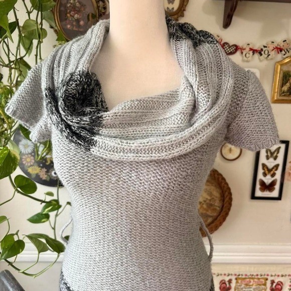 Vintage Y2K Derek Heart Cowl Neck Open Knit Long Blouse Short Sleeve Size M