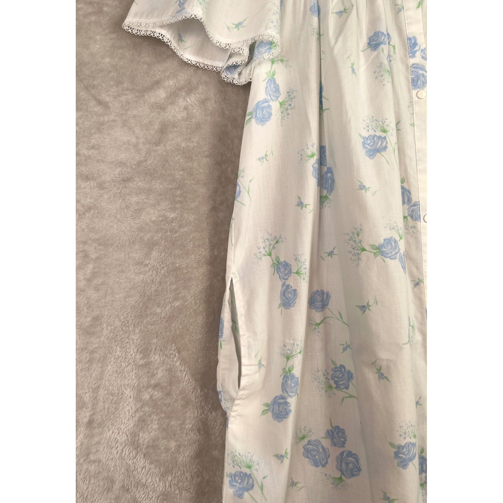 Vintage Aria Nightgown Medium Blue Granny Floral Snap Lace House Dress Long