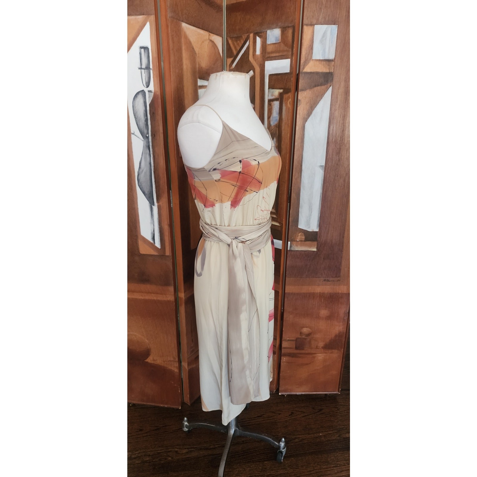 VTG 80s Nicole Chicago Dress Silk Geometric Abstract Print Scarf Belt Sash S