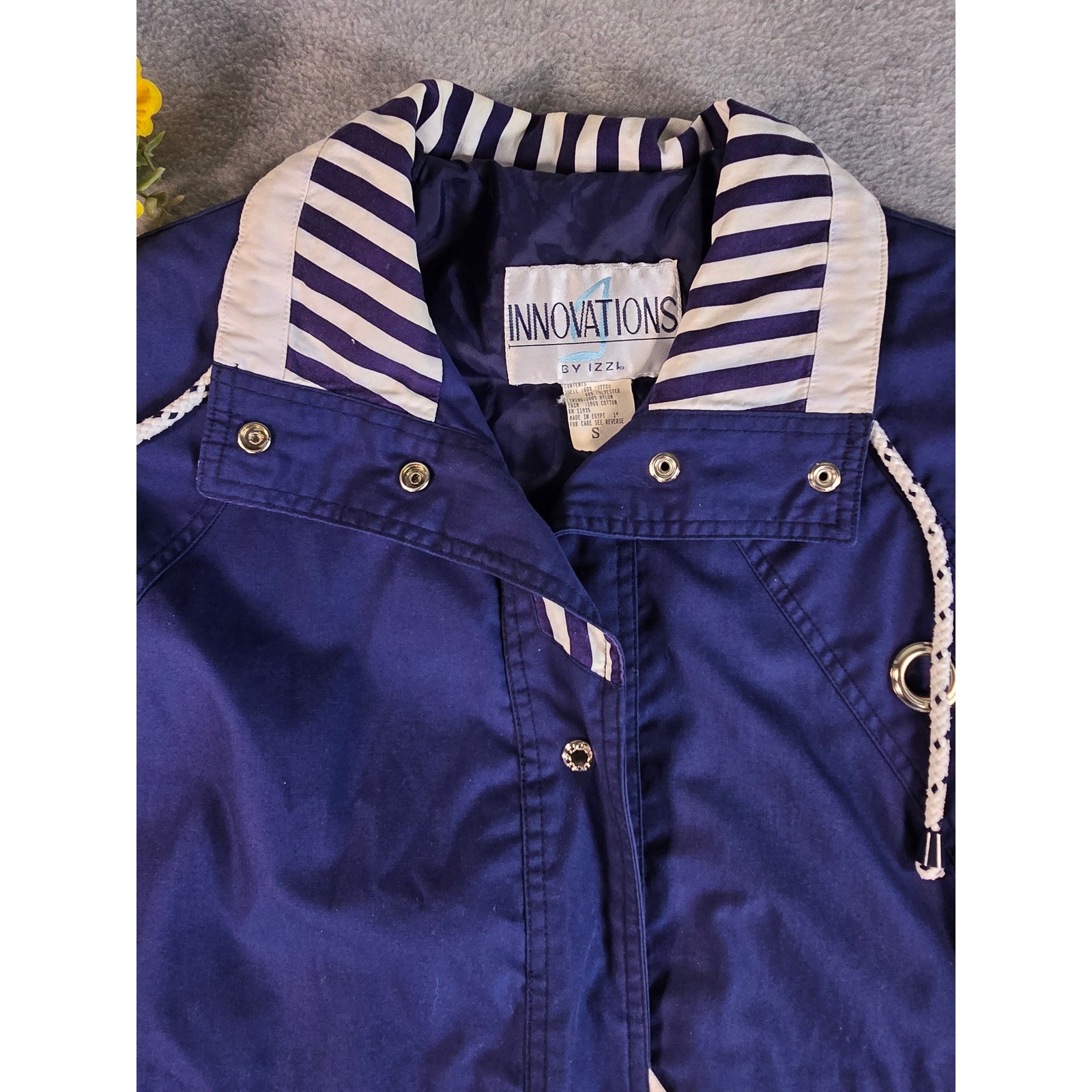 Vintage Innovations by IZZI Navy Blue Nautical Striped Windbreaker Jacket Small