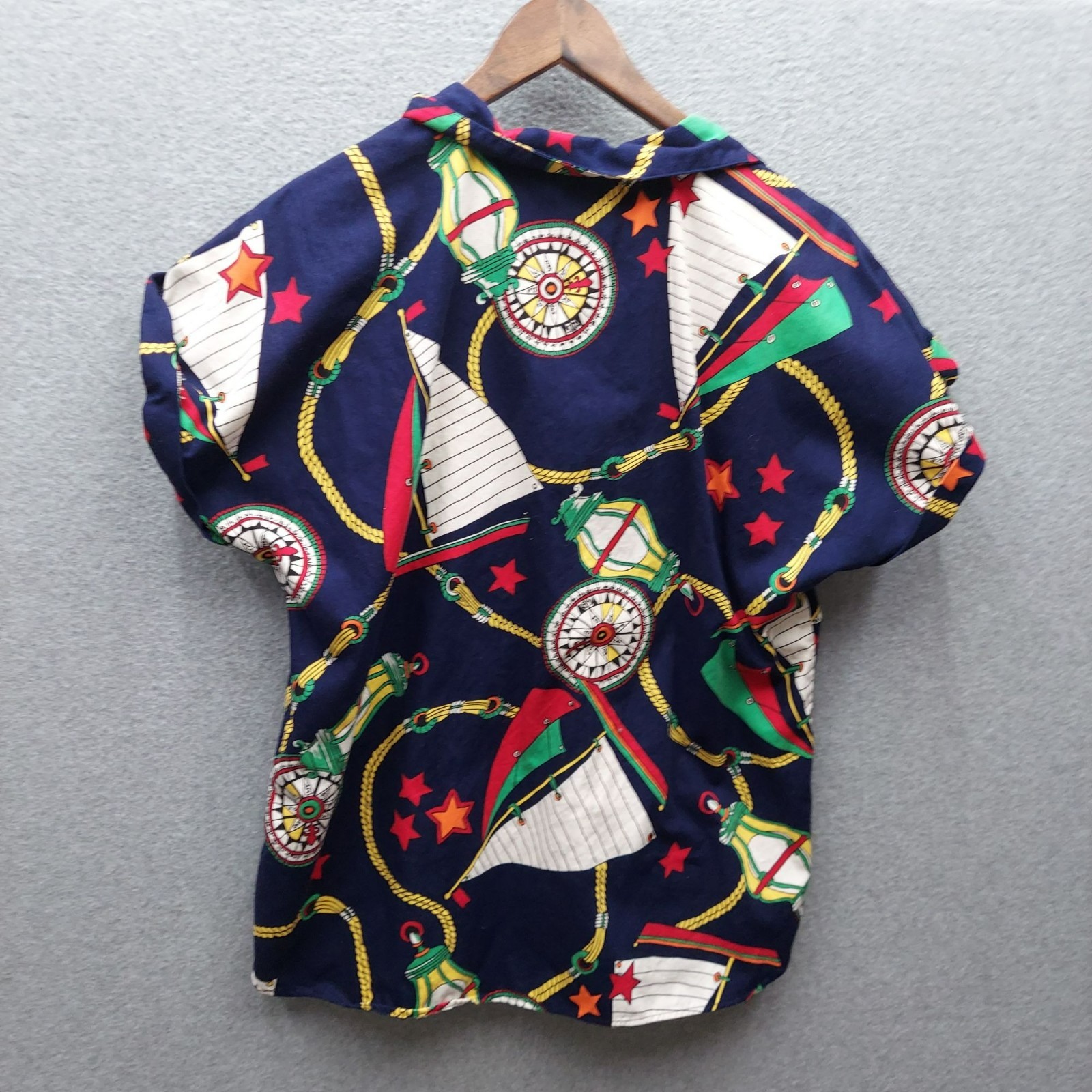 Vintage Laura Mae Nautical Print Button-Up Blouse With Short Sleeves Navy Red &