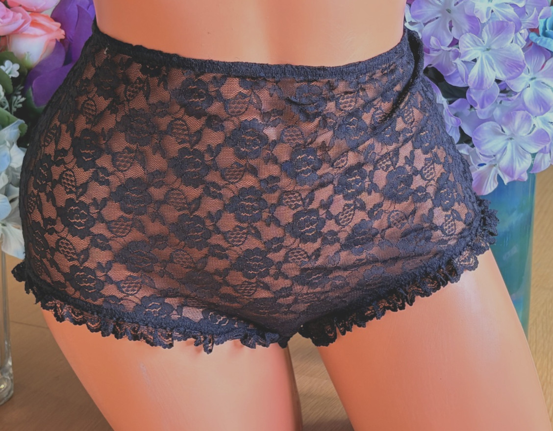FREE PEOPLE Intimately M Black Ultra Sheer Lace Brief Panties with Ruffled Trim