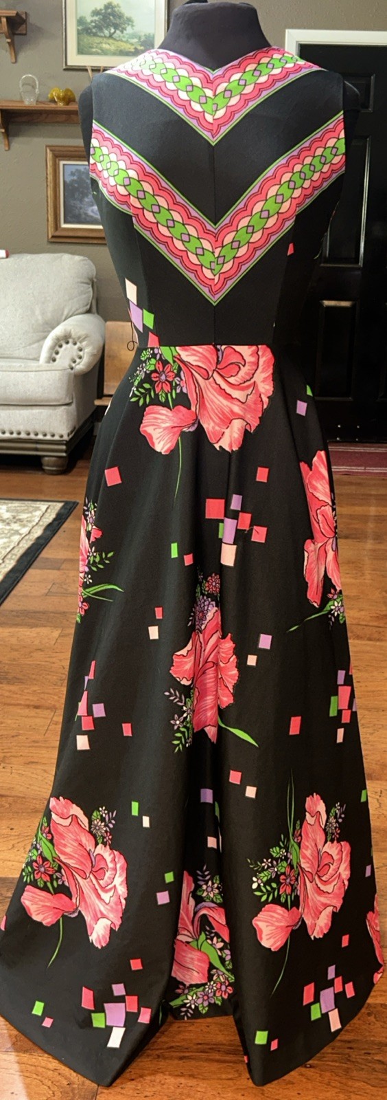 Vintage Donovan Galvani Mod retro Sleeveless Long Dress Black Hot Pink Medium