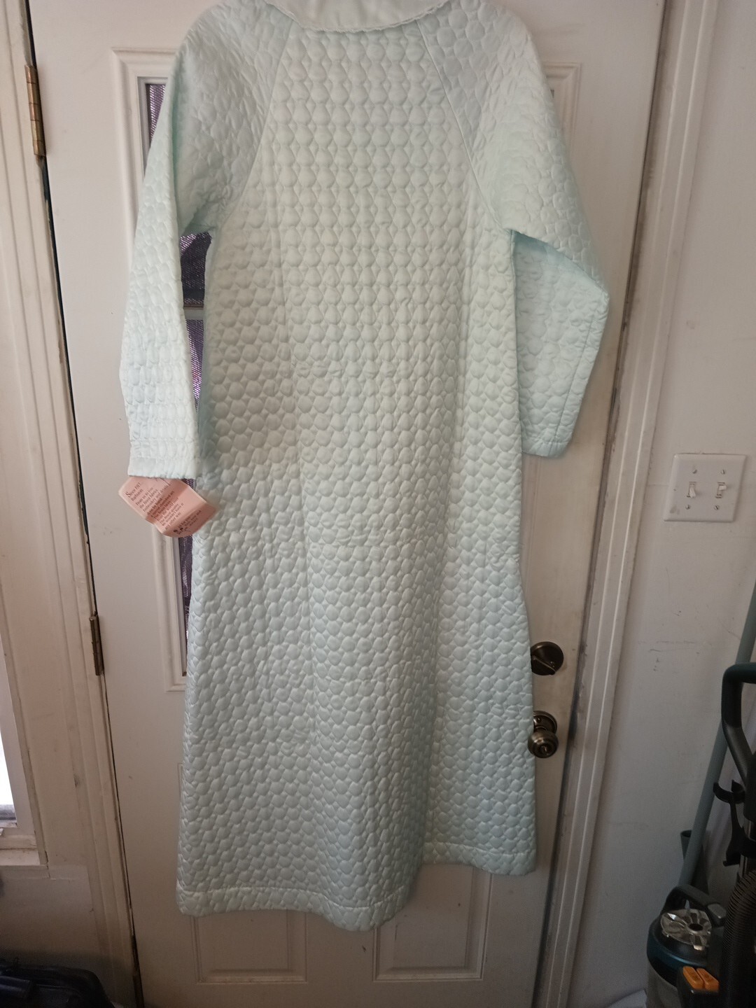 Vtg Barbizon Quilted Nylon Satin Button Front Long Robe-S-Mint Green-NOS W/Tags