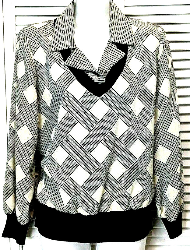 Vintage 70s Pullover Blouse Banded Hem Leslie Fay 10P Black White Blouson Mod