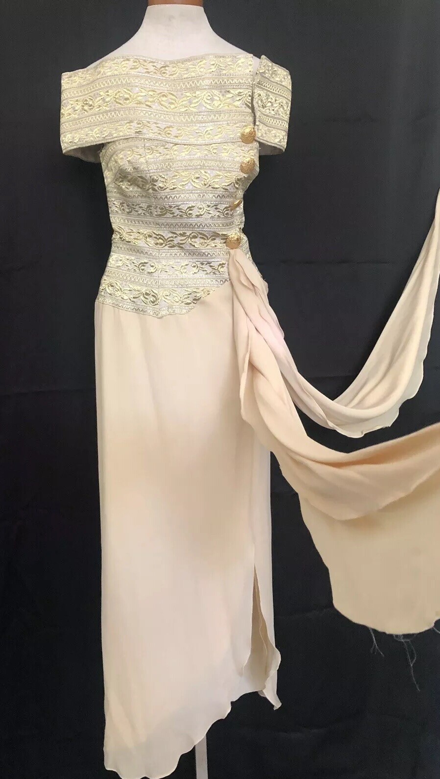 80s Vintage Paul Louis Orrier Paris Silk Metallic Brocade Party Dress Nude Gold