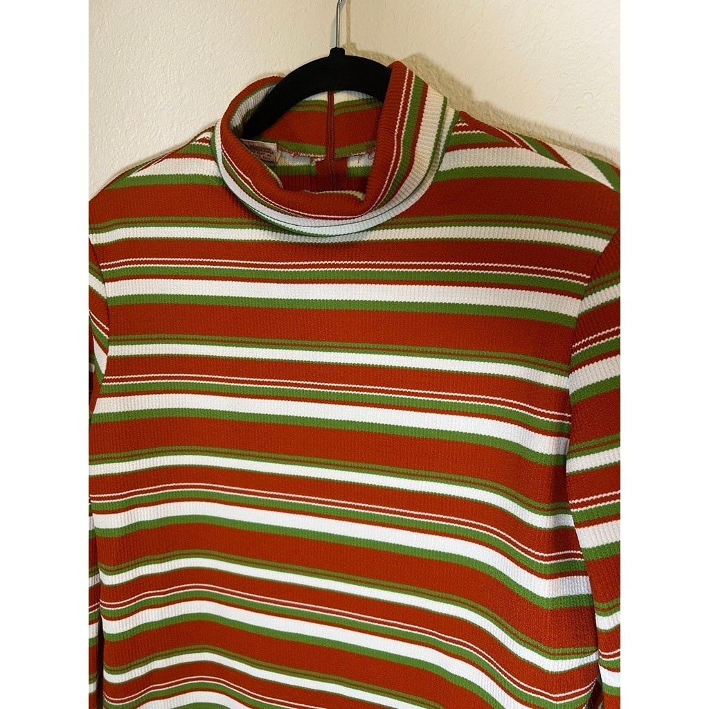 Vintage Mock Turtleneck Top M Striped 1970s Zip Ribbed Knit Poly Orange Green