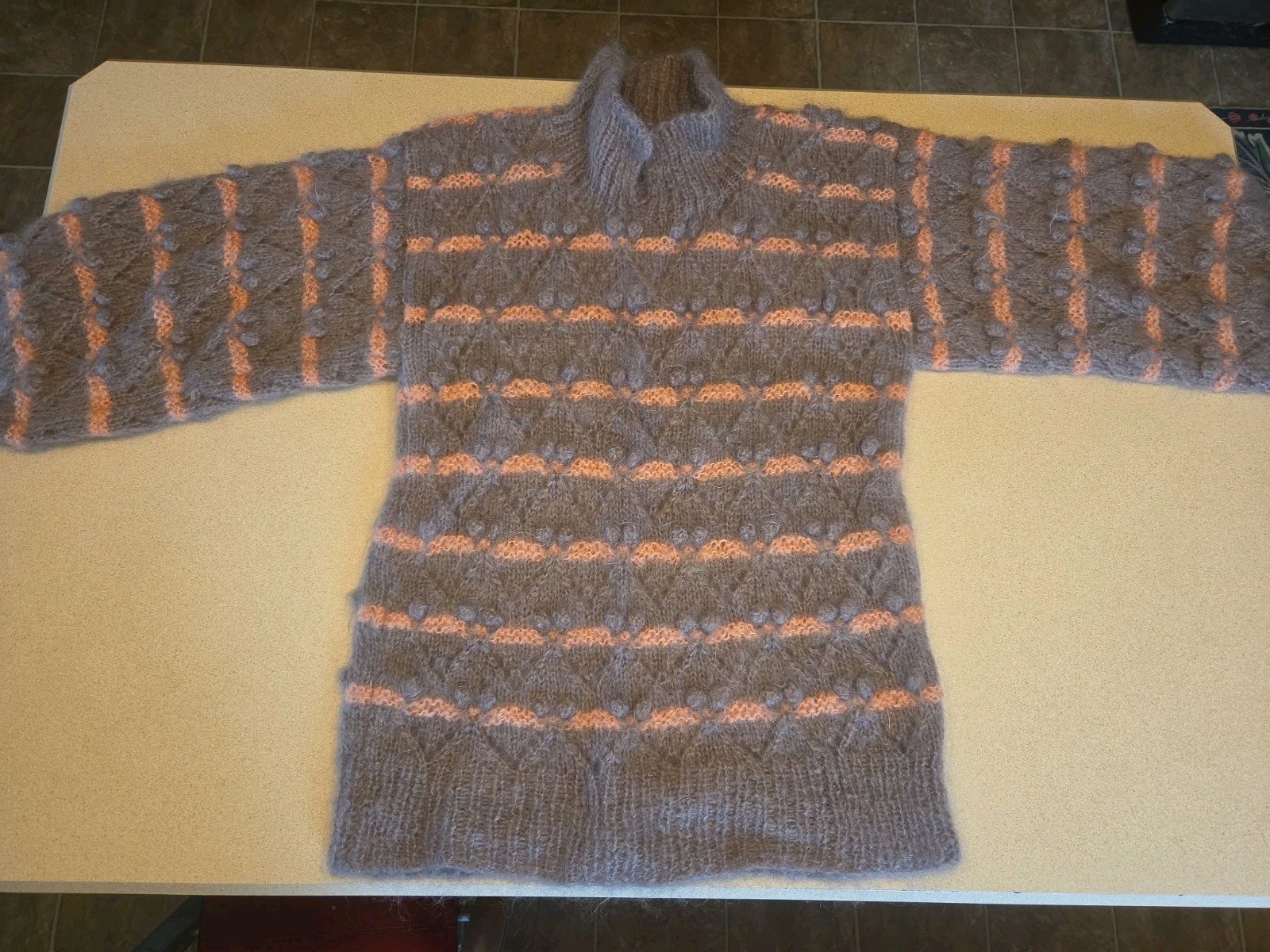 ​Vtg Hand Knit Mohair Sweater Popcorn Stitch Striped Fuzzy Mock Neck Slouchy SM?