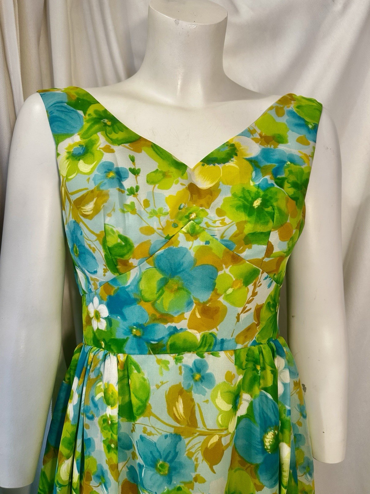 Vtg 60s 70s Goddess Hostess Fairy Floral Watercolor Gauzy Chiffon Maxi Dress