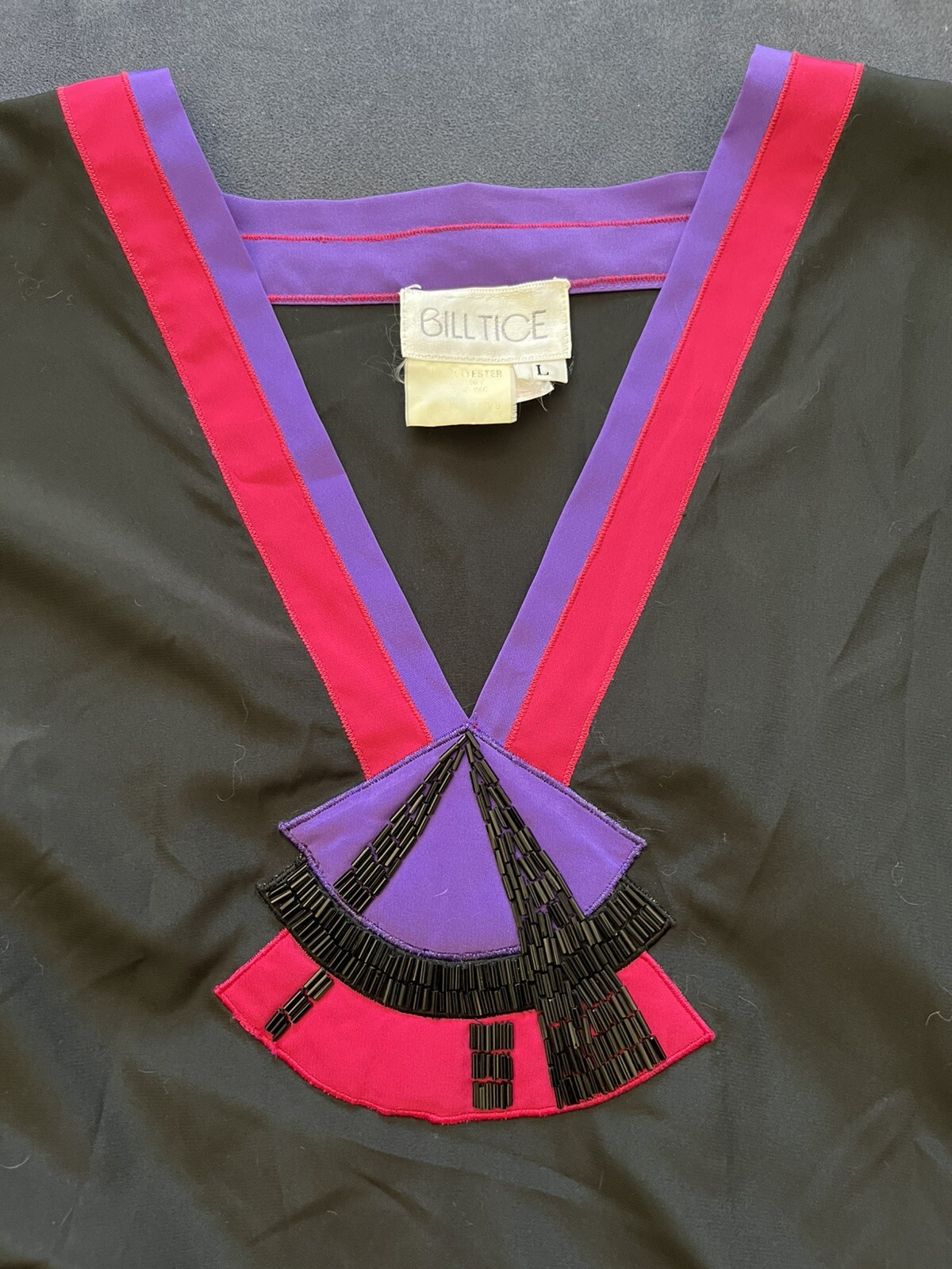 Vintage Designer Long Caftan Bill Tice Slinky Black w/ Pink Purple Beads Pockets
