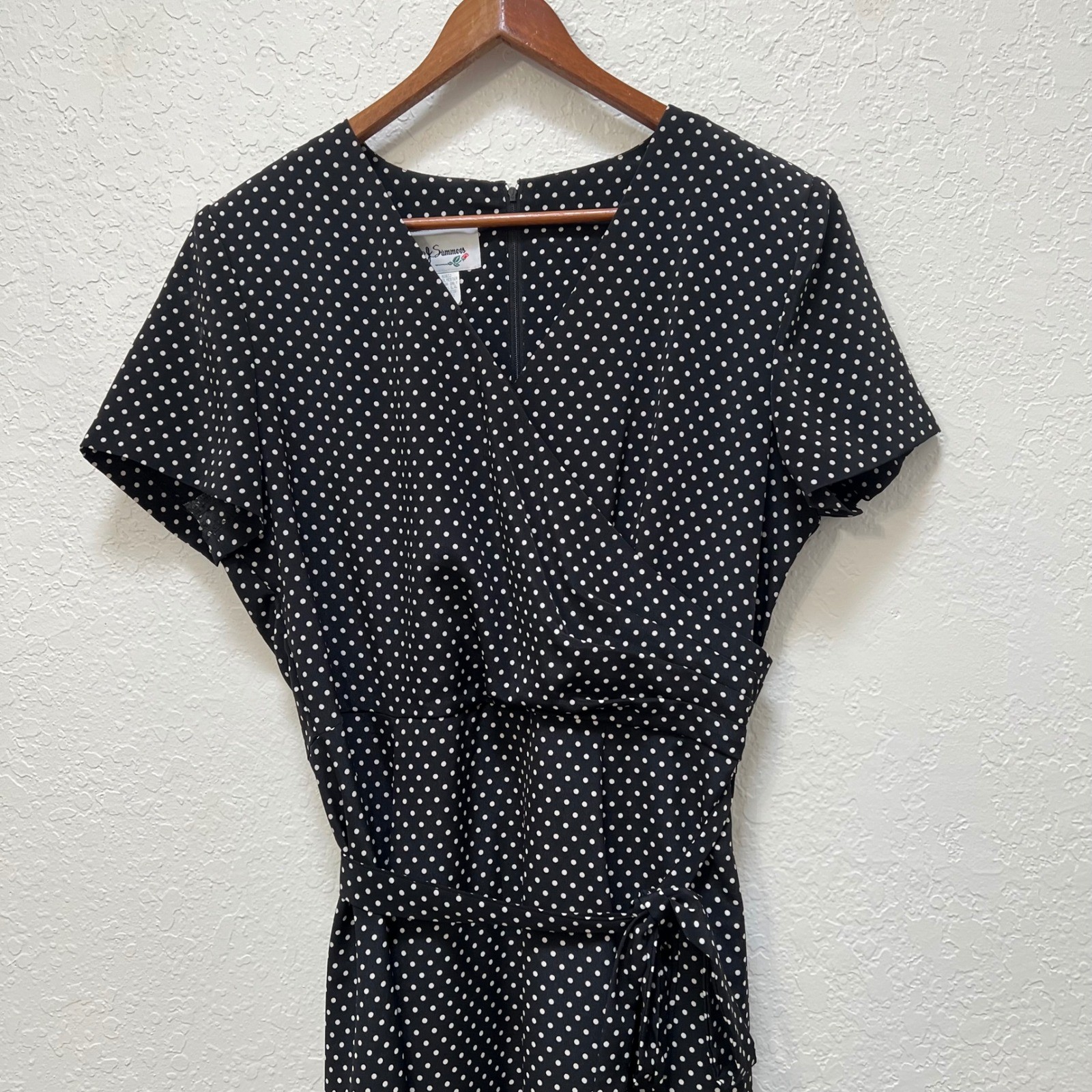 Vintage DJ Summers Polka Dot Wrap Midi Dress Black White Size 14 80s Belted