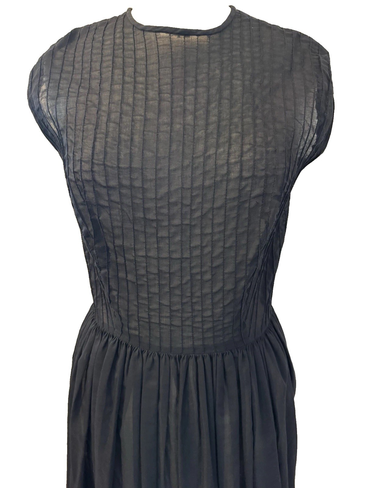 True Vintage 1950’s Black Sheer Cotton Mid Century Dress Pintuck Bodice M