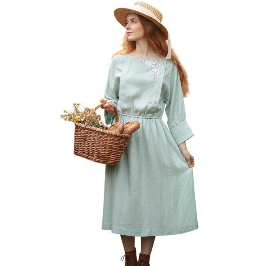 Vtg Brenner Petites Cottagecore Mint Green Pleated Lace Bodice Dress M Granny