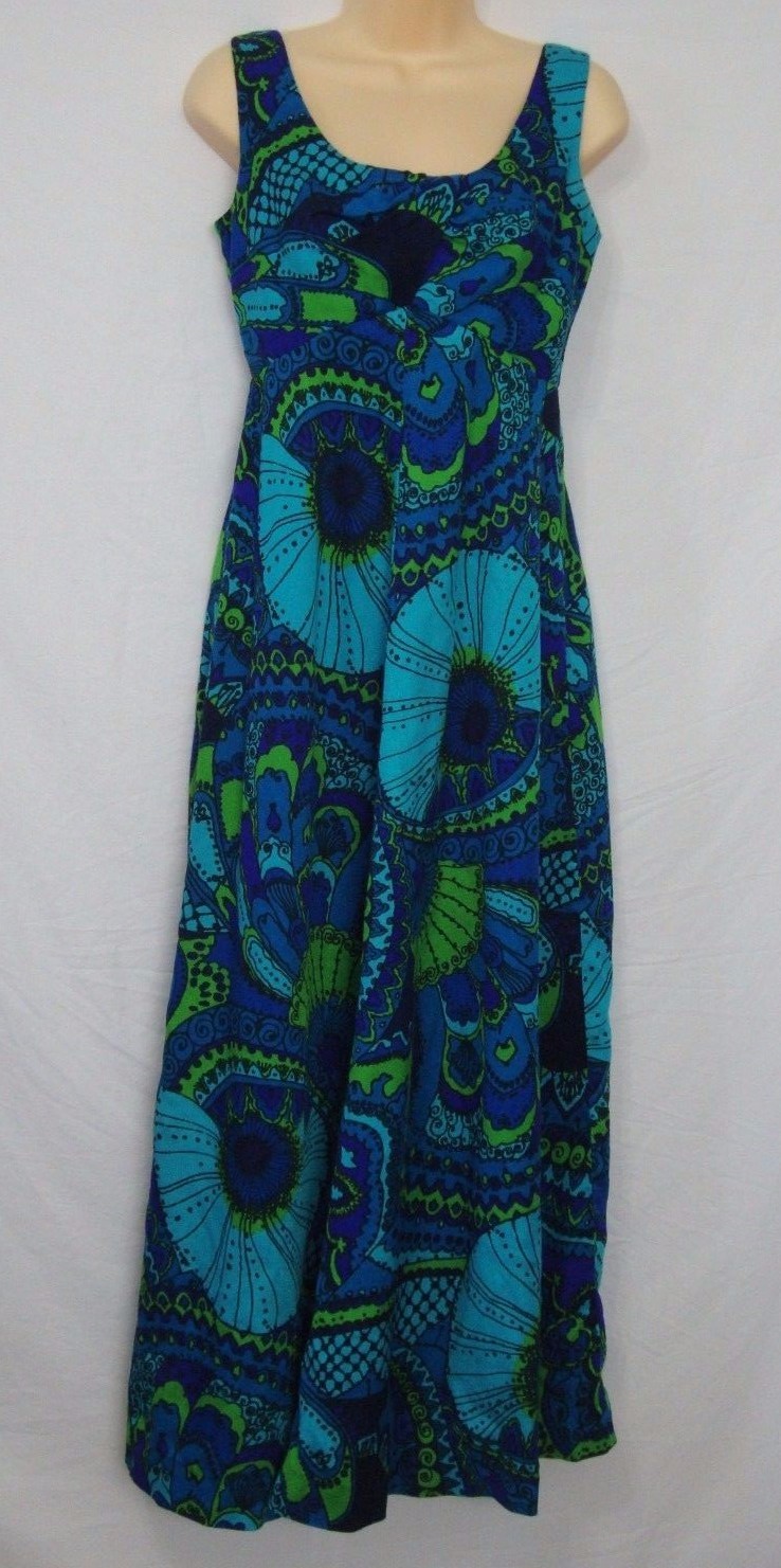 Vintage Paradise Hawaii Women’s Hawaiian Dress S/M Blue Green Purple Mod Paisley
