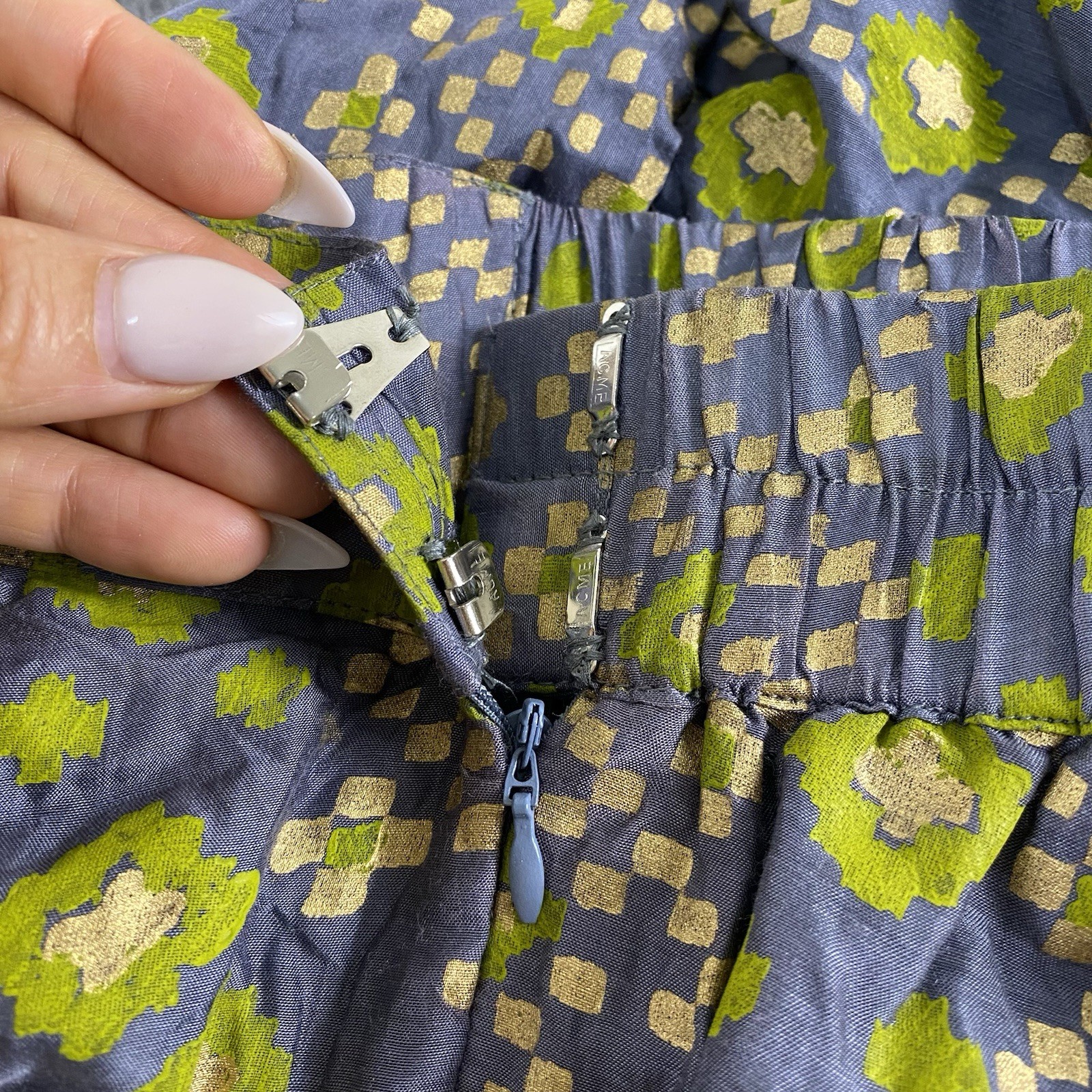 Vintage 50s Brocade Circle Skirt Floral Metallic Blue Green Full Sweep S/M