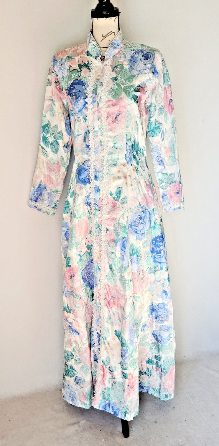 Vintage David Brown I.Magnin Floral Maxi Dress Lace-Trim Zip-Up Multicolor Sz.S