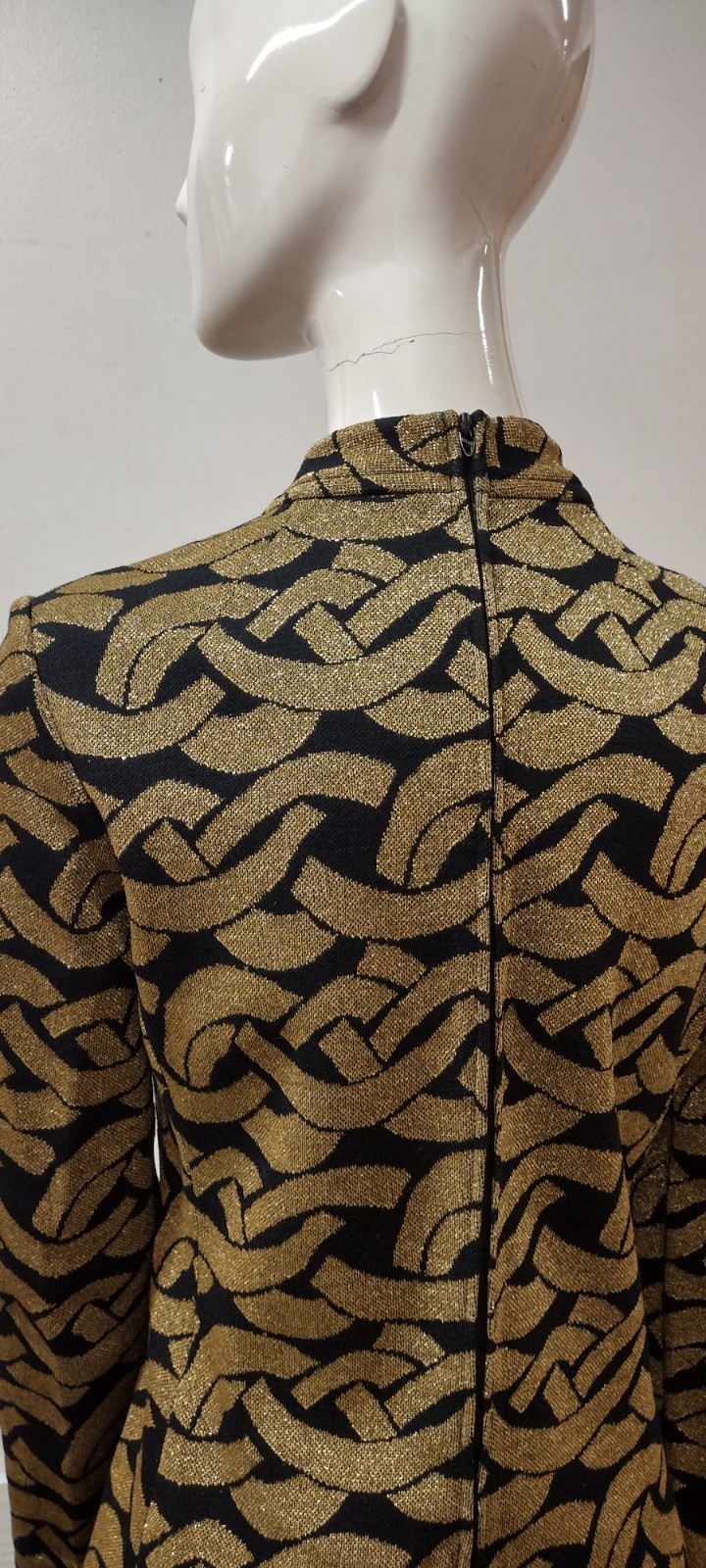 Vintage 60s Mod Mini Dress Gold Metallic Virgin Wool KIMBERLY M MOCK LONG SLEEVE