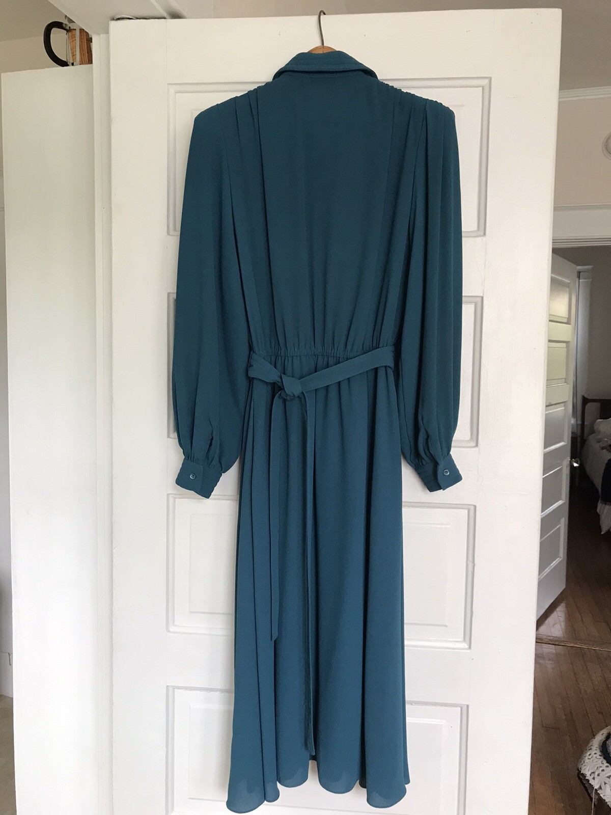 Vintage Pierre Cardin Boutique Dress Teal Blue Button Up Belted 80s Med? No Tag