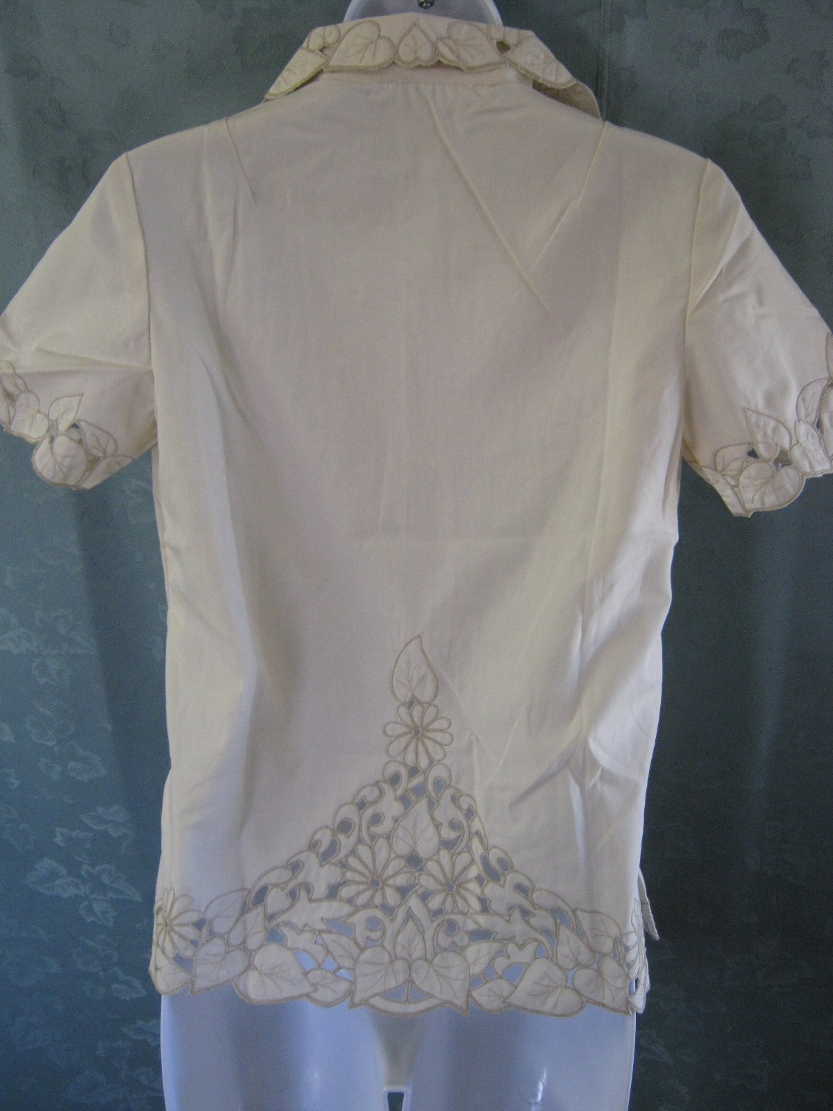 VTG Miss Joyce Shirt Size Small Tan Embroidered Lace Detail Wide Collar Top