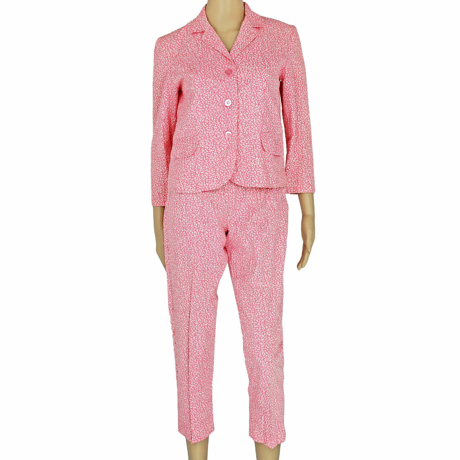 60s Vintage Regal Crop Pant 3/4 Sleeve Jacket Suit Set, Pink Floral Cotton, XS 2
