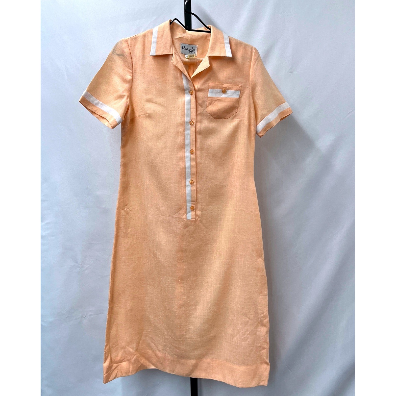Henry Lee Vintage 60s 70s Peach Linen Look Shift Dress Mod Preppy Peach Pink M