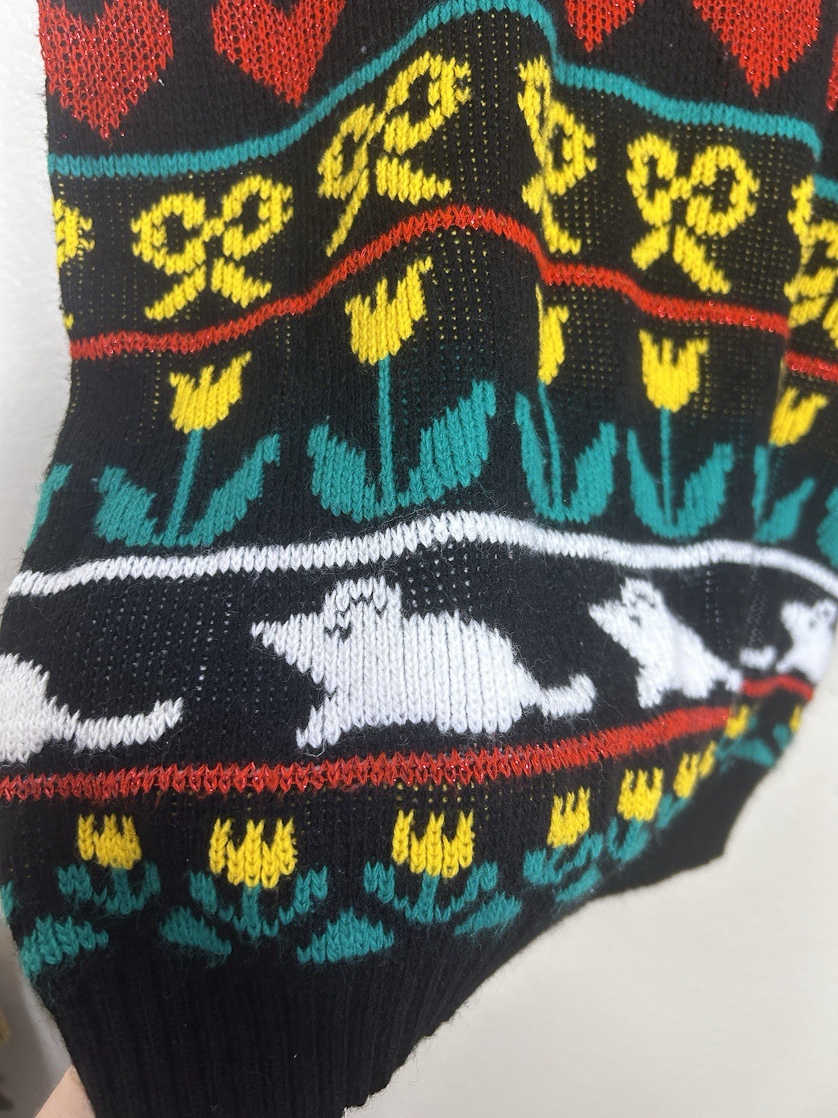 Vintage 80’s Adele Knitwear Knit Sweater Cat & Mice USA Med/Lg Oversized Lurex