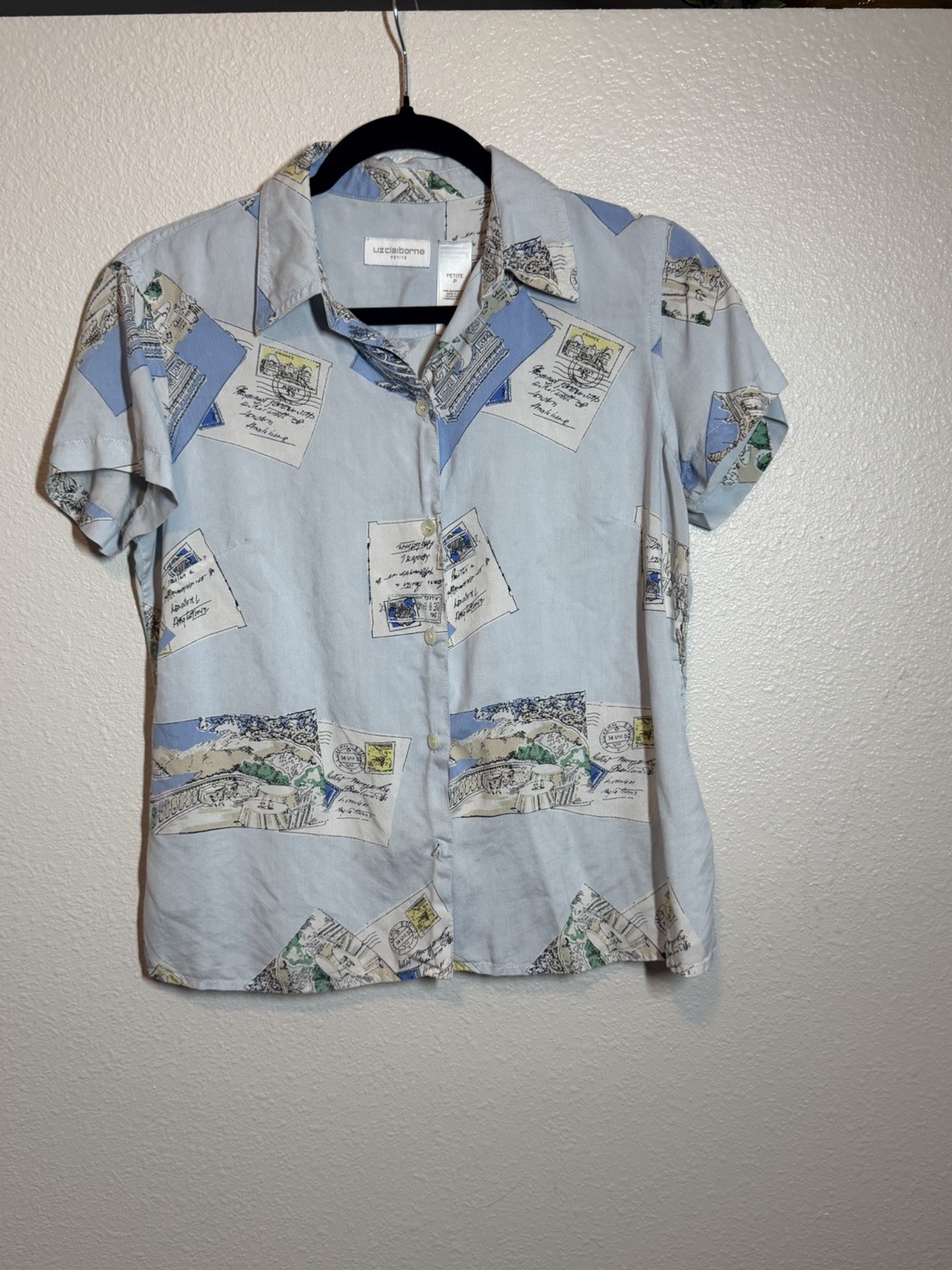 Liz Claiborne Blouse Sz Small Blue Silk Postcard Print Button Shirt VTG 1990s