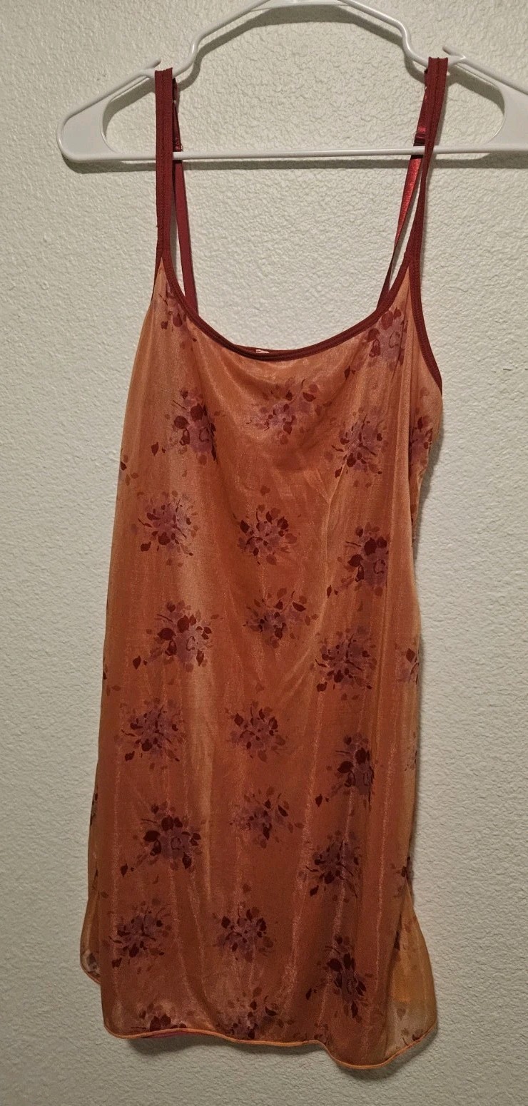 Vintage Y2K DKNY Sheer Floral Iridescent Slip Dress Cami Orange Pink M