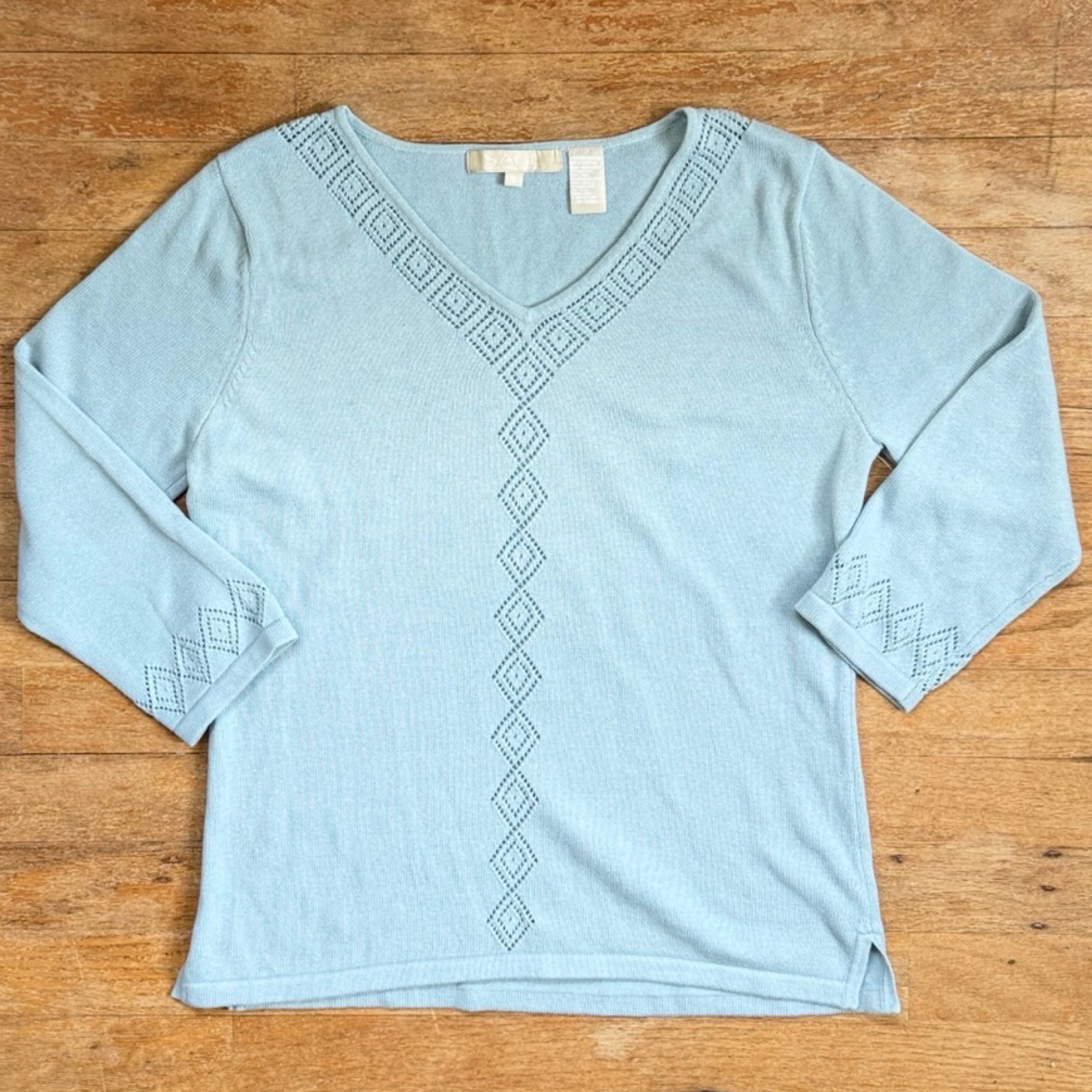 Vintage Light Blue Knit Cotton Sweater Top Size Small 90s Diamond Eyelet Cutout