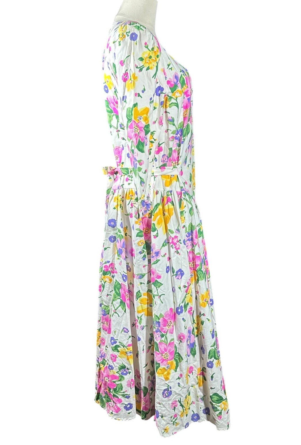 Vtg 80s Cottagecore White Pink Floral Midi Dress Drop Waist Shoulder Pads Sz 12