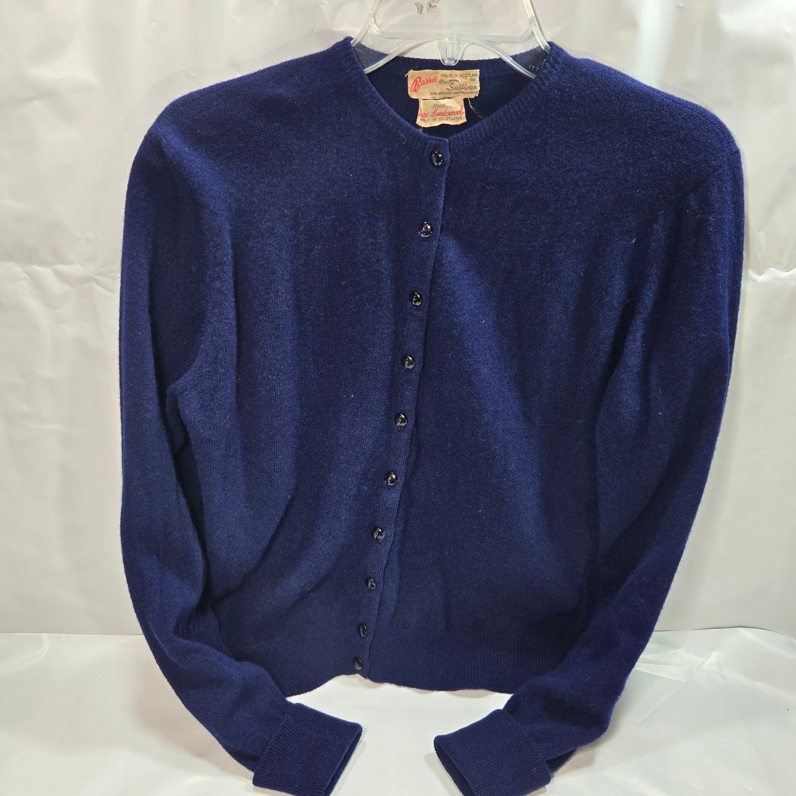 Vtg Barrie for Marty Sullivan Navy Blue 100% Lambswool Cardigan Made in Scotland