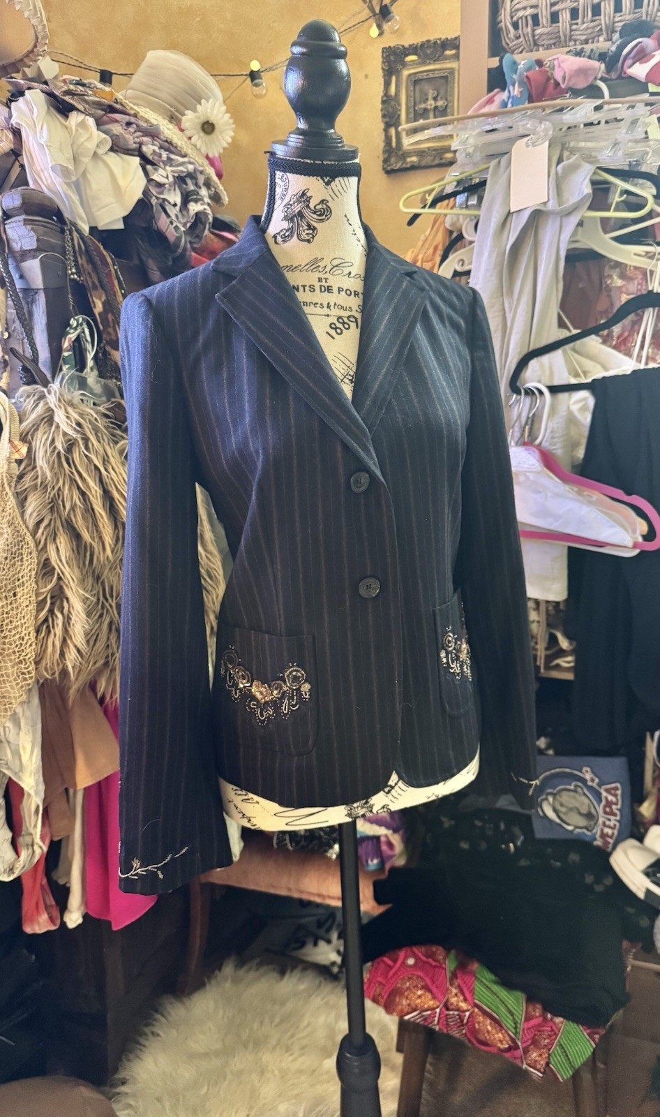 Vtg DKNY Donna Karan Navy Striped Beaded Blazer Jacket 8 S M 80s 90s Pockets