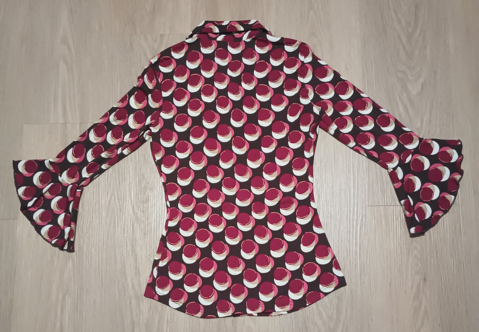 Vtg 70s Burgundy Gold Metallic Psychedelic 3/4 Trumpet Sleeve Top Shirt MOD XS