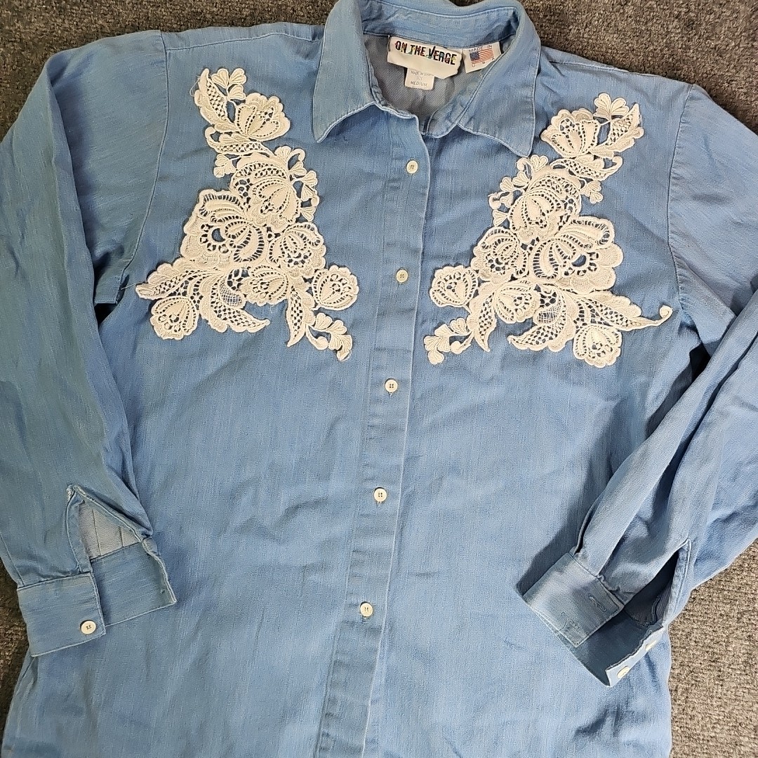 Western Shirt Women’s M Denim Fringe Lace Southwestern Vtg USA Made